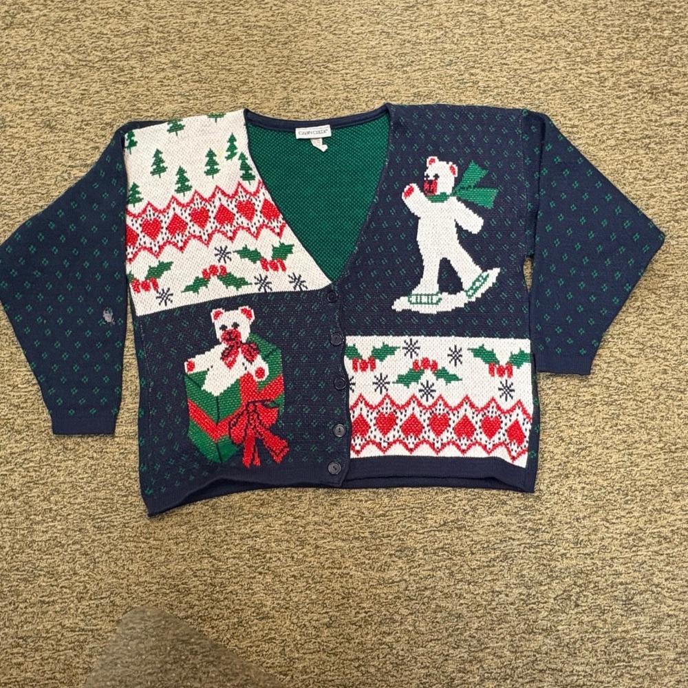 Ugly Christmas Cardigan Bear Snowboarding Fair Isle Holiday Novelty Sweater L‎